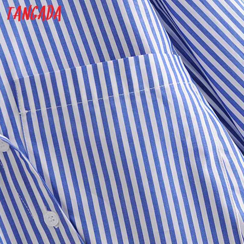 Women Retro Blue Striped Print Crop Long Sleeve Chic Female Short Blouse Shirt Tops 3H75 210416