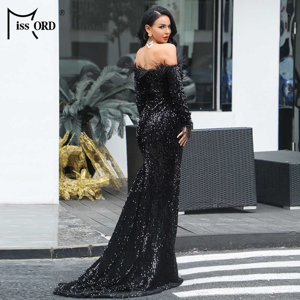 Missord Sexy Off Shoulder Feather Long Sleeve Sequin floor length Evening Party Maxi Reflective Dress Vestdios FT19005 210630