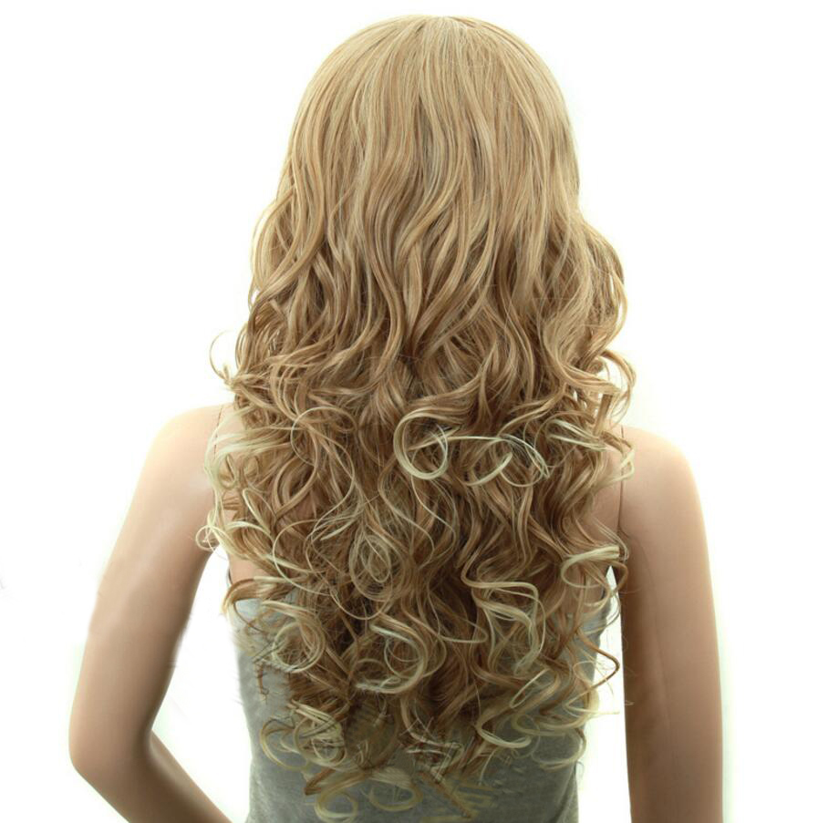 New Fashion Long Curly Blond Highlighted Brown Synthetic wig with Qi Bangs women's Hair wigs for life Cosplay