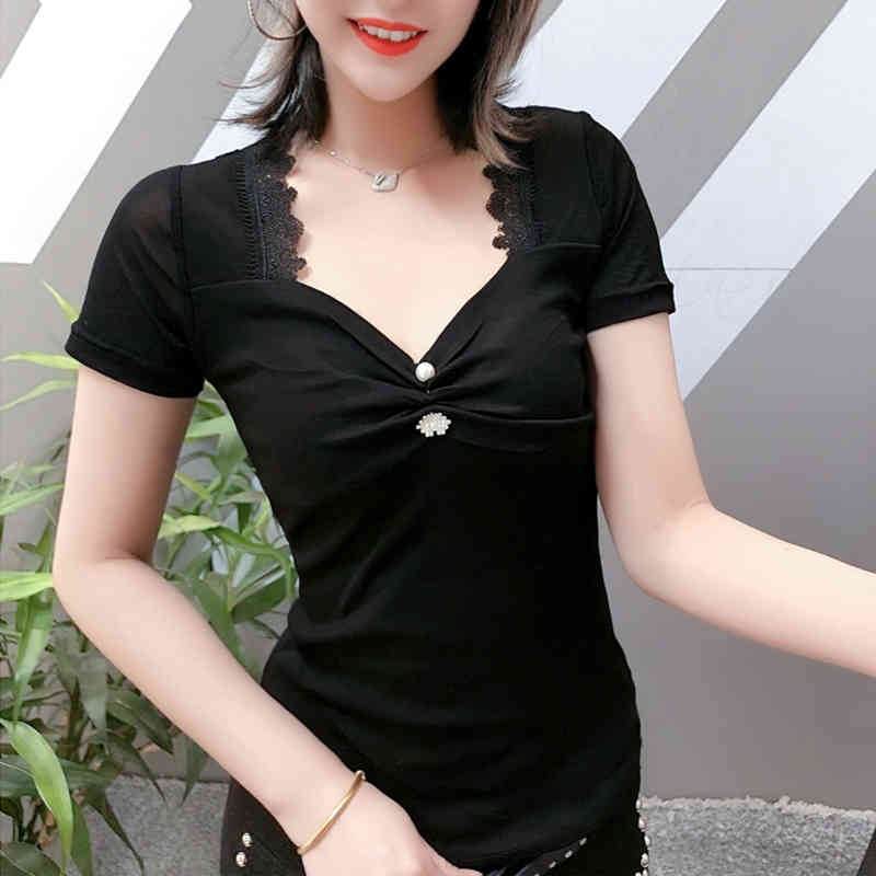 Fashion Tops Summer Solid Cotton Casual Women T-shirt Sexy V-neck U-Back Hollow Out Slim Fit Short-sleeve Tees 8657 50 210427