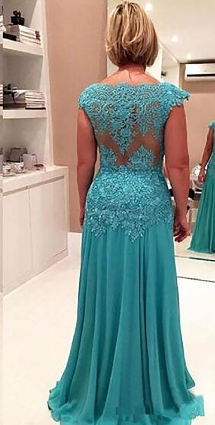 Turquoise Lace Mother Of The Bride Dresses Chiffon Mermaid Moms V Neck Cap Sleeve Applique Formal Evening Gowns Hot Selling