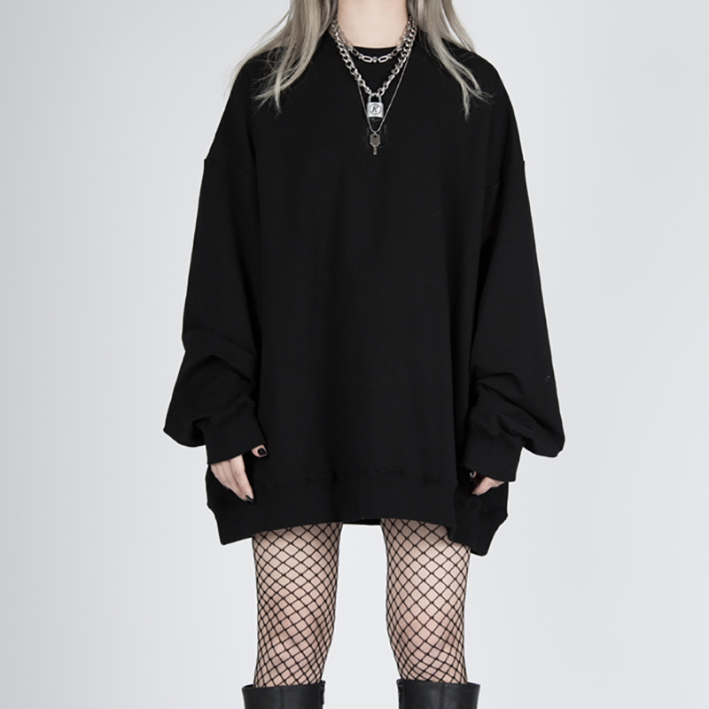 Minimalist Black Pullover Women's Spring Round Neck Large Size Long Sleeve Sweatshirt Female Fashion 5B244 210427