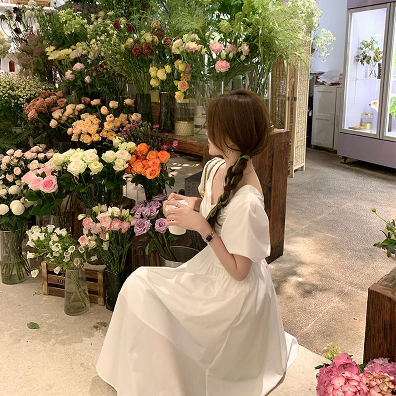 Chic French Vintage Midi Dresses Women Short Sleeve Casual Evening Dress Office Ladies One Piee Dress Korean Summer V-Neck 210521