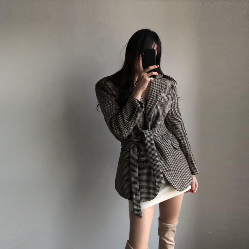 OL Classic Vintage Houndstooth Quilted Woolen Suit Blazer Jacket Autumn Winter Lace-up Formal Women Blazers Coat 210421