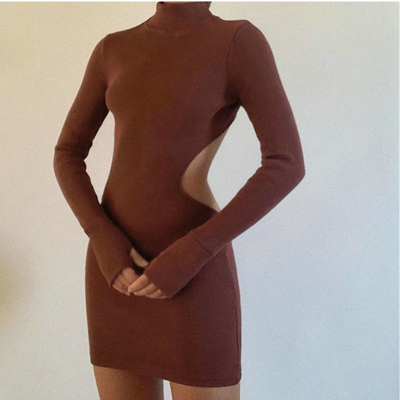Sexy Backless Slim Women Dress Autumn Solid Turtleneck Package Hip Mini Femme Long Sleeve Knitted Tight Club Party es 210522
