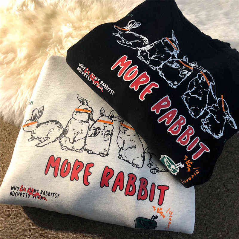 Sweatshirt For Women's More Rabbit Print Winter Korean Style Fashion Hoodies Kawaii Oversized Hooded Polyester Harajuku 211109
