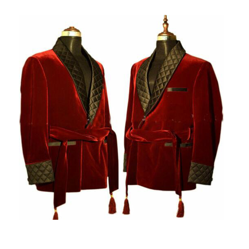 Black Red Velvet Mens Tuxedos Long Jacket Groom Party Prom Wedding Coat Business Wear Outfit One Suit