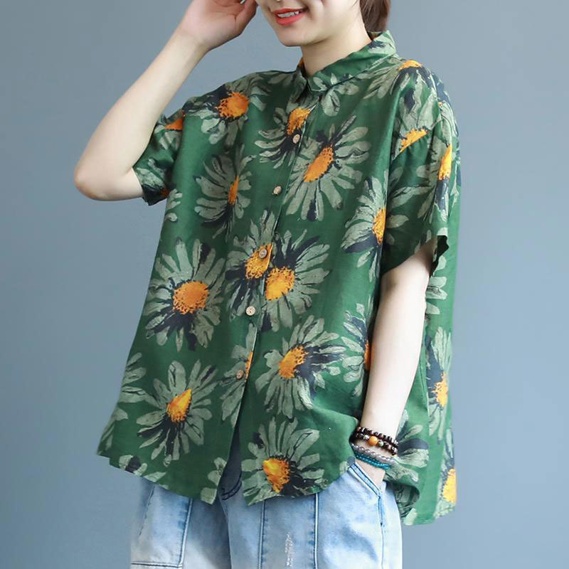 Summer Style Women Shirt Plus Size Short Sleeve Loose Casual Vintage Blouse Flower Print Cotton Linen Shirts Female Blusas D120 210512