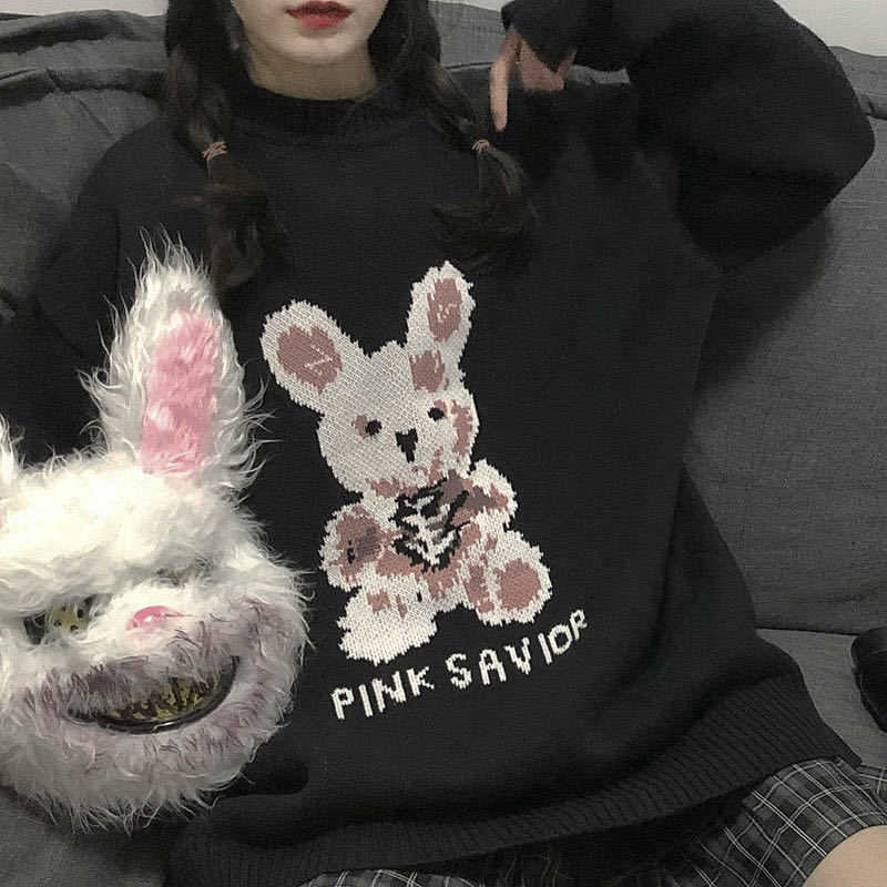 Autumn Winter Harajuku bunny Knitting Sleeve Sweater Casual Long Women Printed Loose Boyfriend Pullover Gothic punk 211011Z