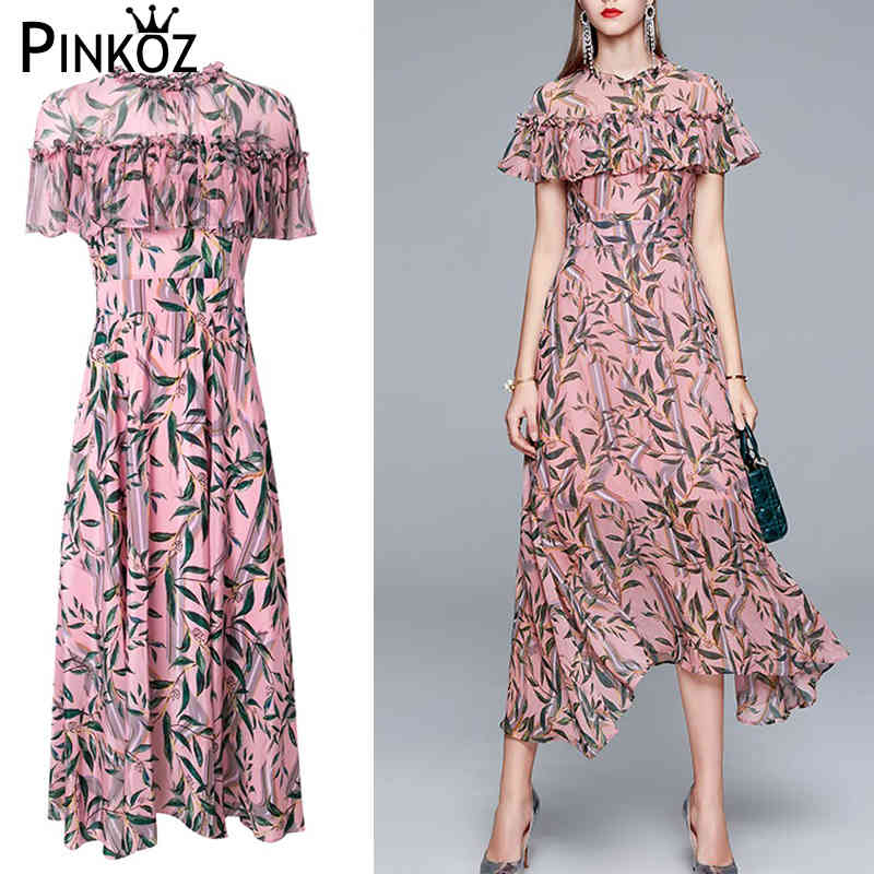 spring summer floral printed maxi dress for women ruffles chiffon o-neck casual daily dresses vestidos plus size 2xl 210421
