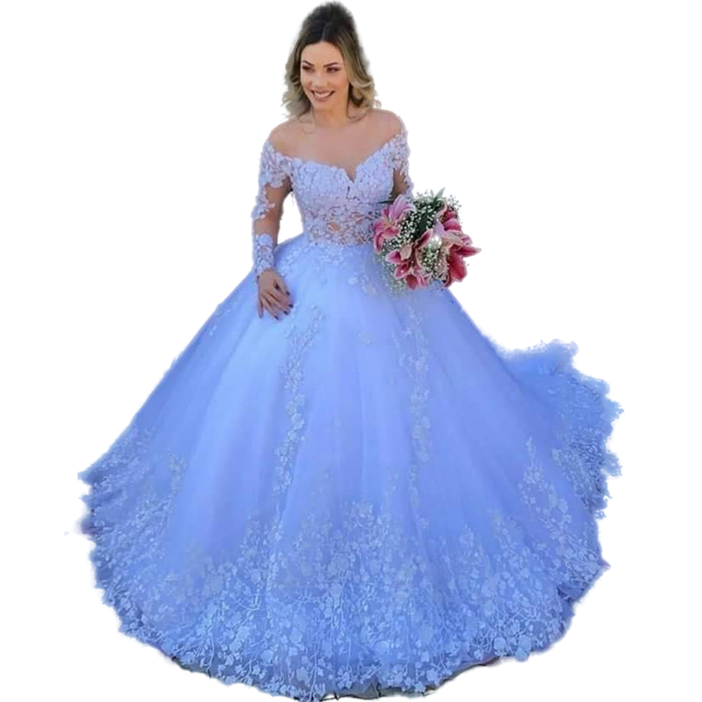 White Princess Ball Gown Wedding Dress Sheer Crew Neck 2022 Lace Appliques Long Sleeves Garden Wedding Gowns Plus Size Bride Dresses Robe De Mariee