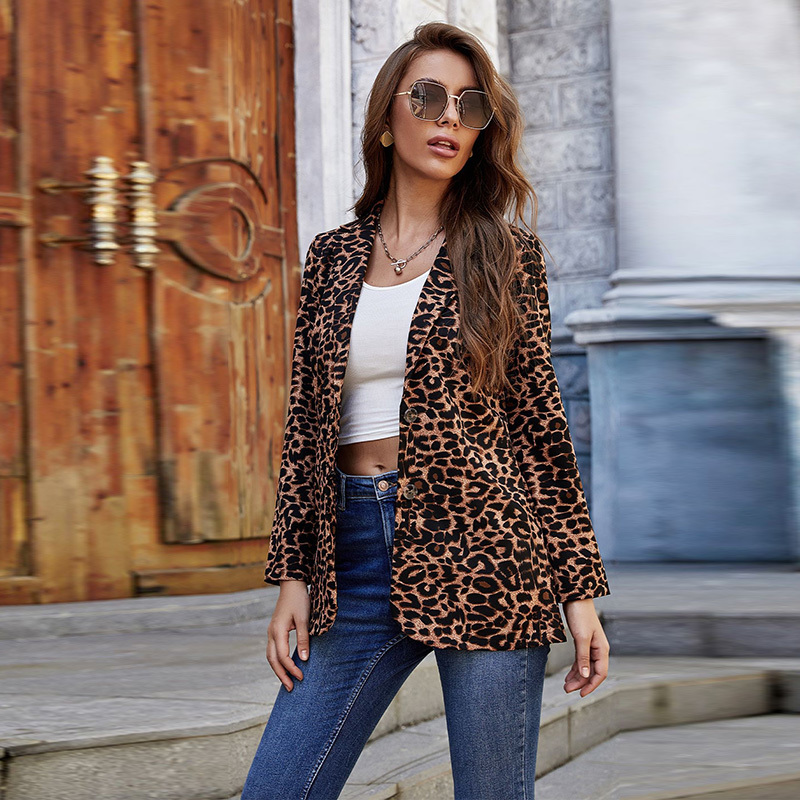 Elegant Leopard Print Blazers Jacket Women Autumn Winter Turn-down Collar Casual Slim Long Sleeve Button Cardigan Suit Coats 210522