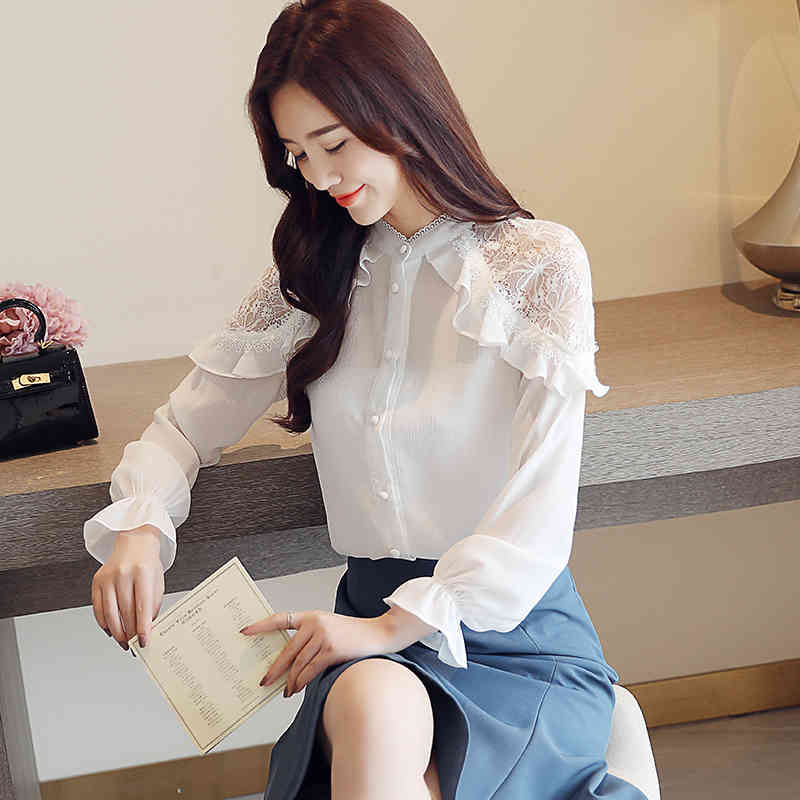 Korean Office Lady Lace Tops White Loose Blouse Solid Stand Collar Chiffon Women Spring Long Sleeve Shirt 7959 50 210506