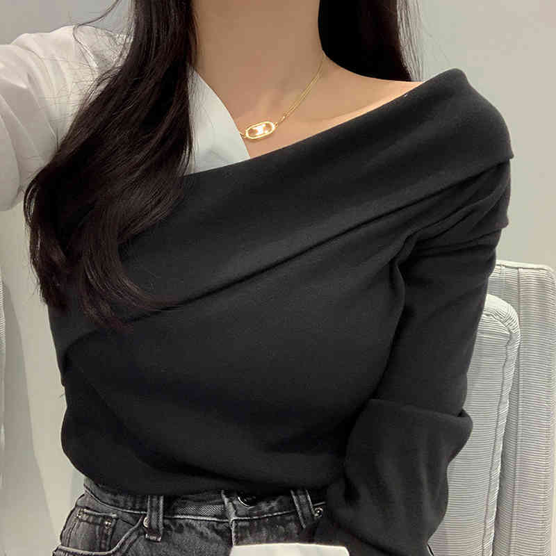 Nomikuma Black White Hit Color Patchwork Women Knitwear Sexy Strapless Long Sleeve Knitted Top Causal Spring Pullover 6E226 210427