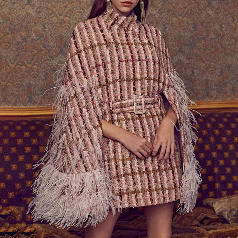 VGH Vintage Plaid Jacket For Women Stand Collar Long Sleeve Splicing Feather Elegant Jackets Female Fashion New Clothing Fall 210421
