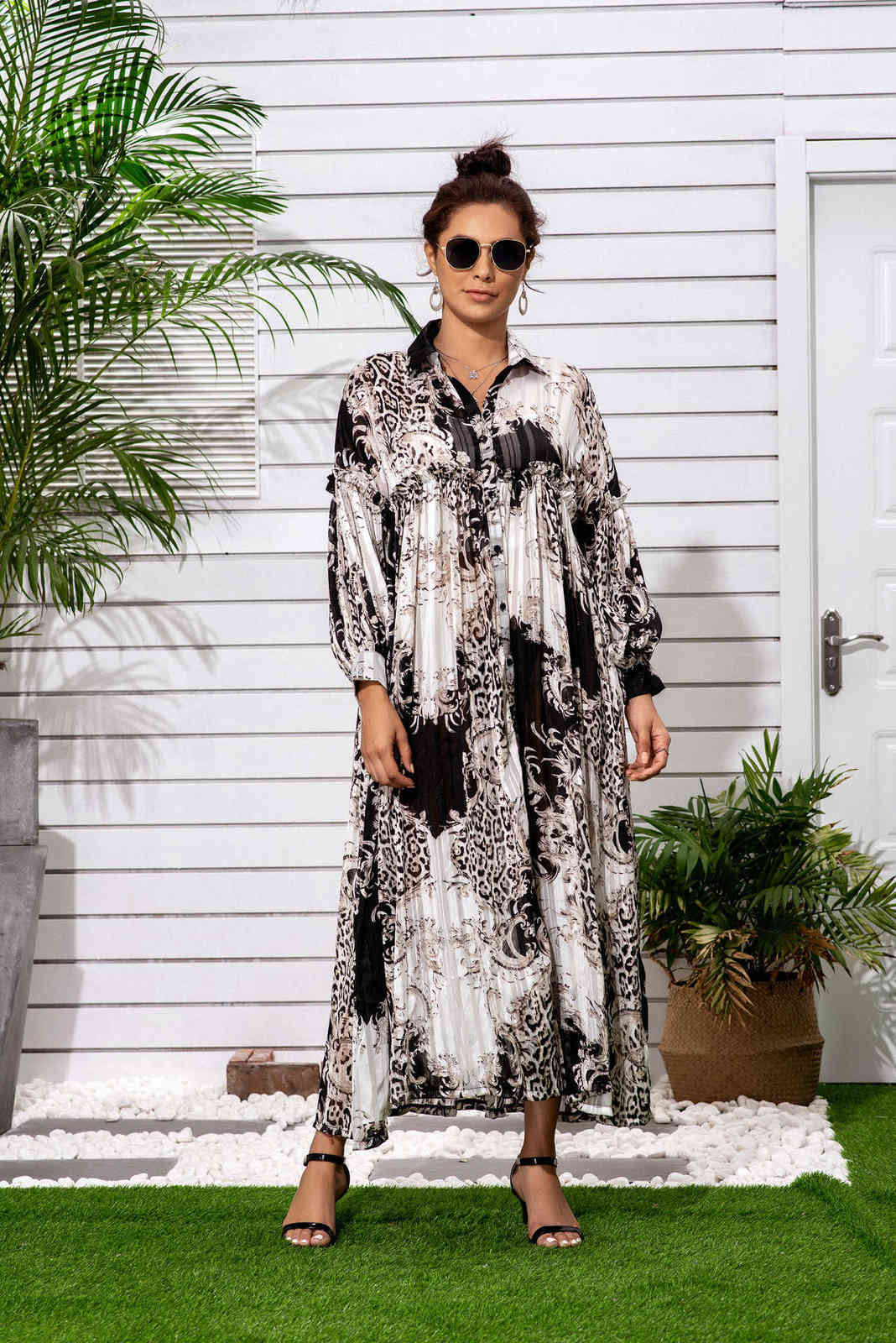 Original Gold Silk Thread Chiffon Printing Long Lantern Sleeves Lace Loose Bohemian Turn Down Collar Shirt Dresses Two Wear 210615Z