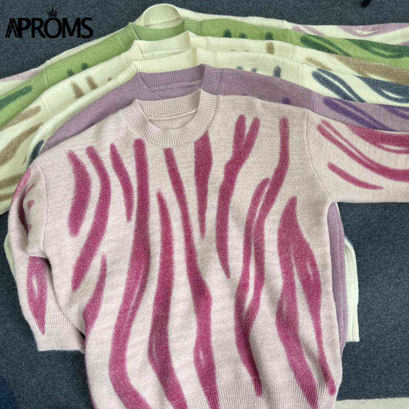Aproms Korean Fashion Khaki Stripes Print Loose Sweaters Women Winter Hip-Pop Oversized Long Pullovers Streetwear Outerwear 211109