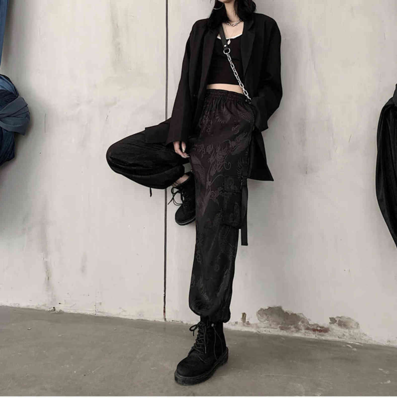 Harajuku Dragon Embroidery Soft Cargo Pants Women Side Pocket Rock Loose Elastic Waist Trousers Female 211115