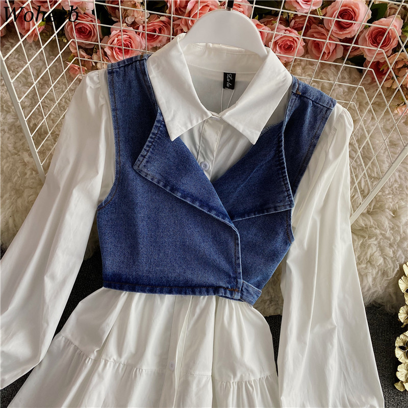 Women Sets High Stree Sweet Slim Waist White Shirt Dress Vintage Denim Vest Two Piece Set Korean Chic Suit 4h485 210519