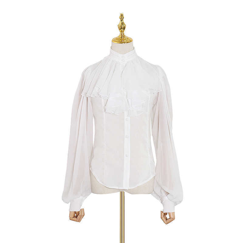 Vintage Elegant Chiffon Blouses for Women Fashion Silm Ruffles Lantern Sleeve Shirts Temperament All-match Blusas De Mujer 210525