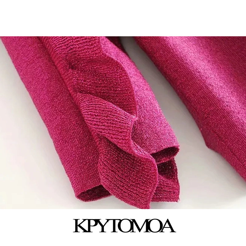 Women Fashion With Ruffle Trims Cropped Knitted Sweater V Neck Half Sleeve Female Pullovers Chic Tops 210420