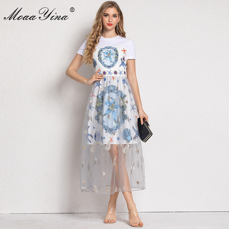 Fashion Dress Summer Women's dress Short sleeve Beaded Starfish Shell Print Mesh Embroidery Sequins Dresses 210524