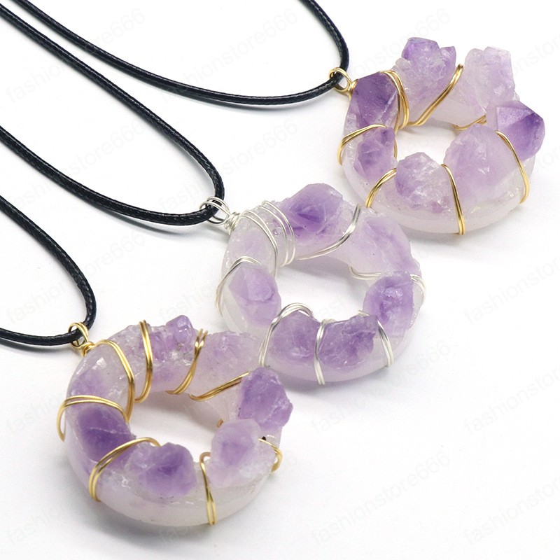 Wire Wrapped Natural Stone Amethyst Pendant Necklace 35mm Donut Pendant Irregular Healing Crystal Collar Necklaces for Women fashion jewelry