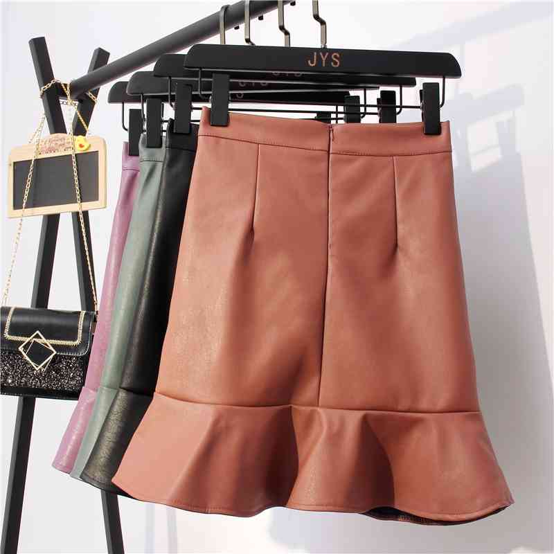 Elegant Solid Casual High Waist PU Fishtail Skirt Woman Autumn Slim Pleated Saias Faldas Feamle A-Line Mini 210514