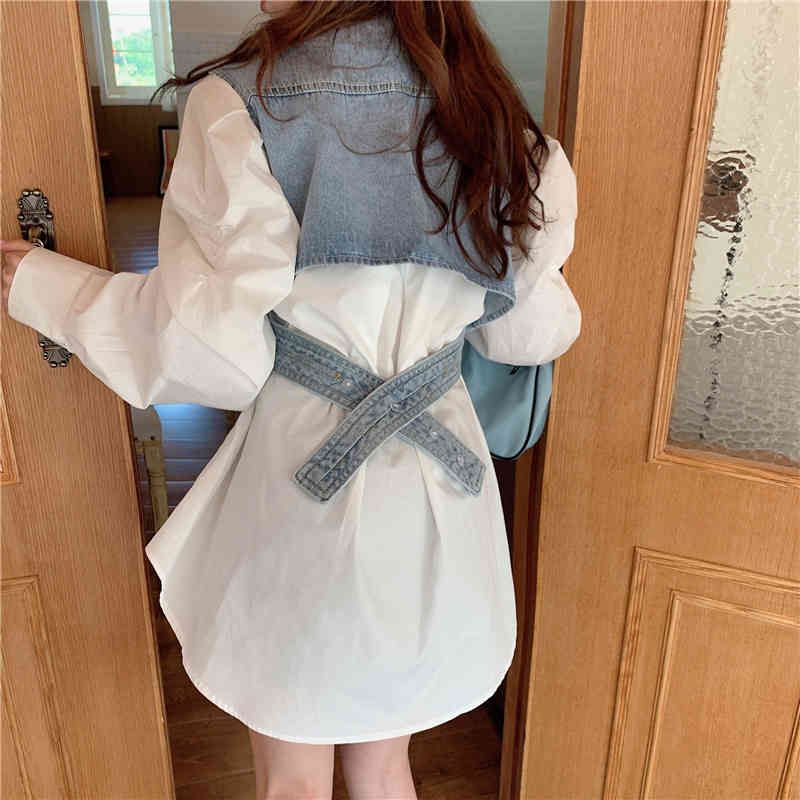 VGH White Minimalist Shirt For Women Lapel Puff Long Sleeve Casual Basic Spring Blouse Female Fashion New Clothing Tide 210421