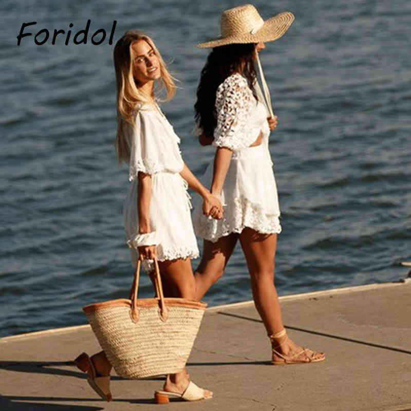 Foridol White Lace Floral Playsuit Romper Spring Summer Women Beach Playsuit Elegant V Neck Women Fashion Clothes 210415