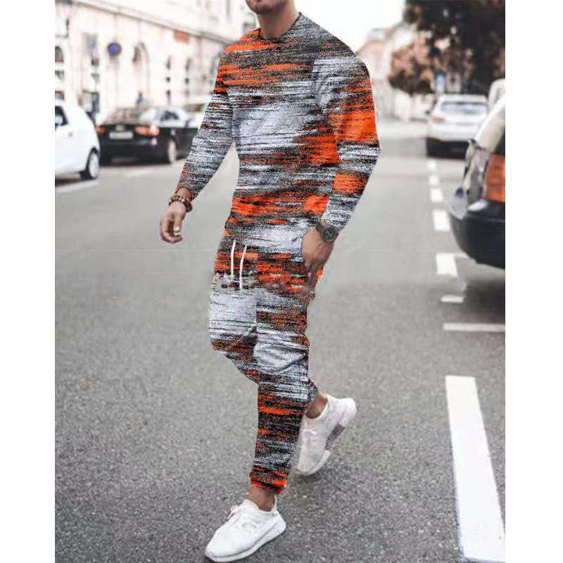Spring Autumn Men's Set Casual Sportswear Fashion Male Running Suit Men Long-sleeved T-shirt+Sports Trousers 2-Piece Plus Size 211006