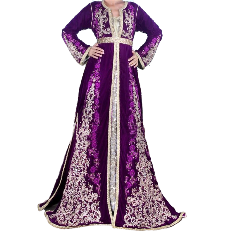 Elegant Robe Caftan Marocain Evening Dresses Moroccan Kaftan Formal Party Gowns Gold And Purple Appliques Long Sleeve Arabic Dubai Woman Special Occas