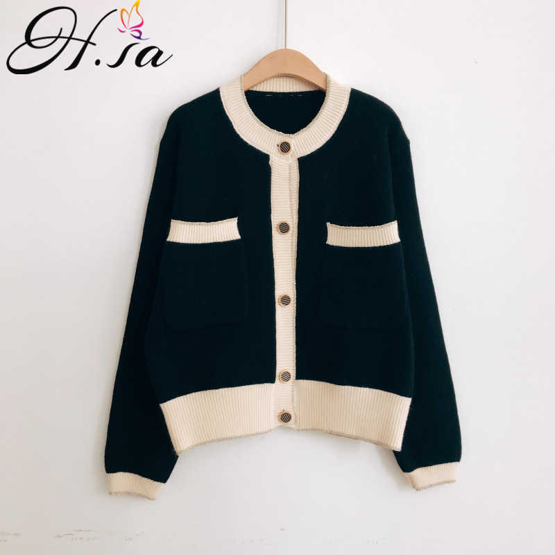 H.SA Fall Fashion Women Winter CLothese Black White Elegant Sweater And Cardigans Long SLeeve Button Up Knit Coat OL Jacket 210716