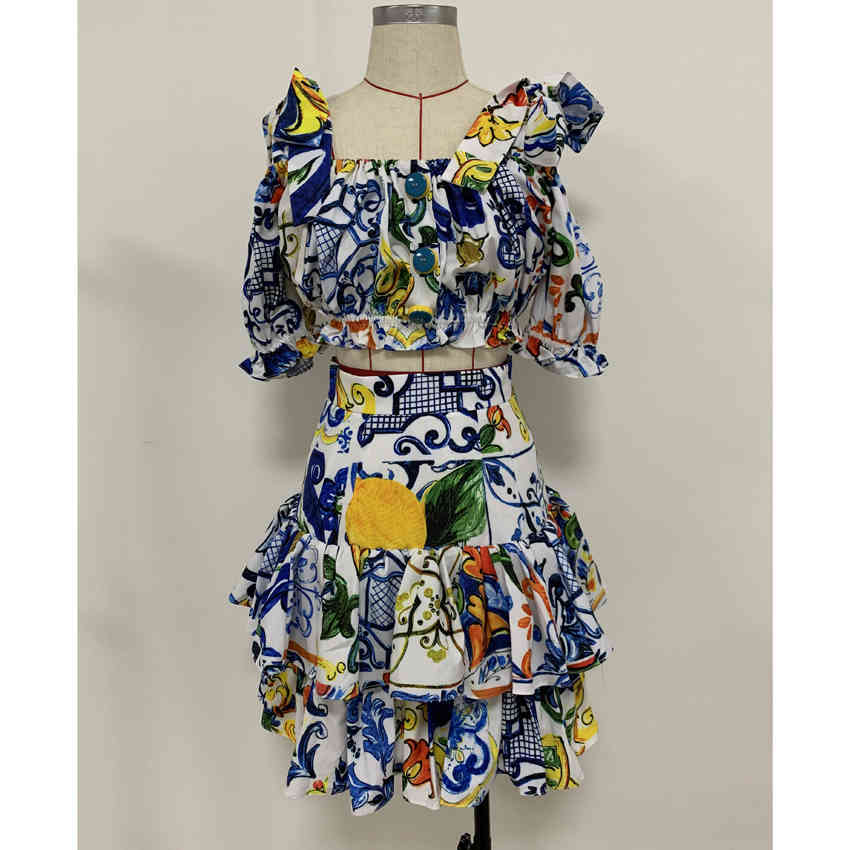 TOP QUALITY est Stylish Suit Set Women's Spaghetti Strap Camis Top Gorgeous Floral Print Ruffle Skirt Clothing 210521