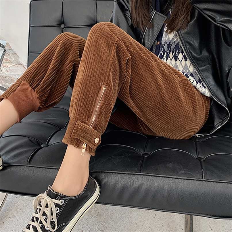 JMPRS Winter Corduroy Pants Women Thick Warm Plus Size Fashion Zipper Elastic High Waist Pencil Pant Causal Loose Baggy Trousers 211115