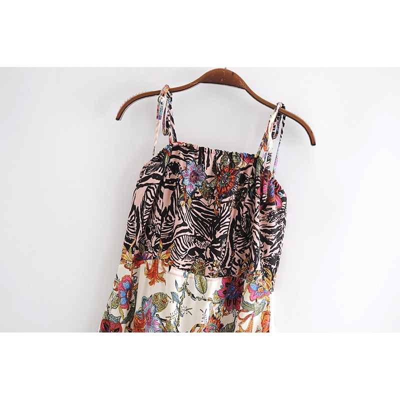Bohemia Contrast color Flower Print Tied Bow Spaghetti Strap Dress Back Elastic BOHO Woman Sling Midi Long Dresses Beach 210429