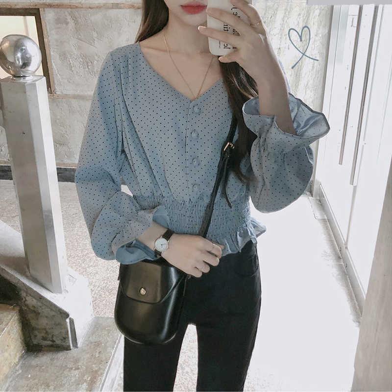 Vintage V-neck Flare Sleeve Polka Dot Women Blouse Shirts Elegant Front Buttons Slim Waist Ruffles Female Blouse blusas T191218