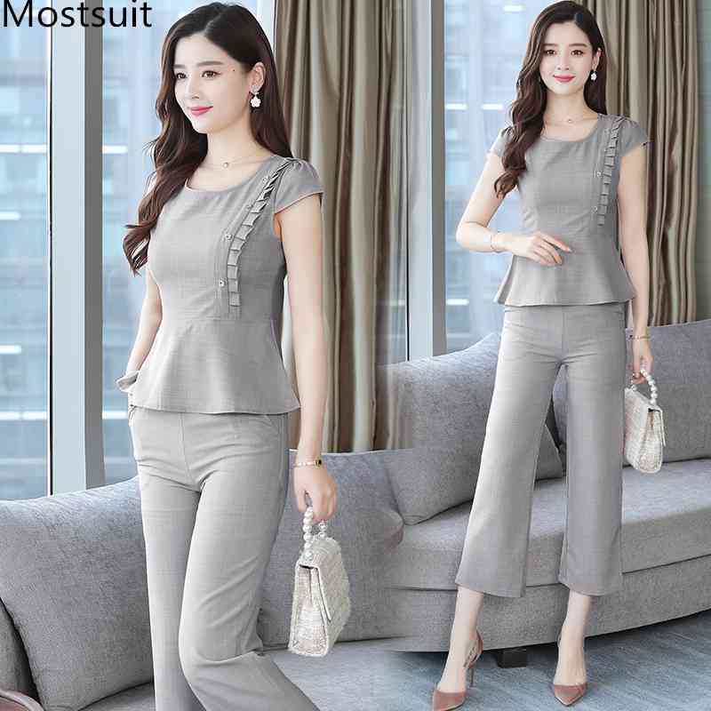 Summer Office Fashion Two Piece Sets Women Short Sleeve Tops + Ankle-length Pants Outfits Elegant Ladies Korean 2 Pcs 210518, Grey
Summer Office Fashion Two Piece Sets Women Short Sleeve Tops + Ankle-length Pants Outfits Elegant Ladies Korean 2 Pcs 210518, Grey