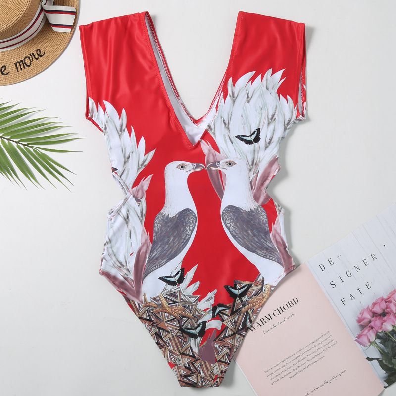 Sexy Cap Sleeve Swimsuit Women Swimwear Bird Print Bodysuit Summer Beach Bathing Suit Monokini Swim Wear S~XL 210520