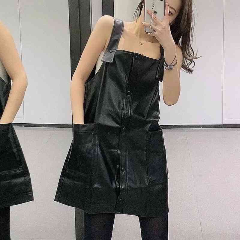 Spring Fashion Women Black PU Leather Suspender Mini Dress Female Patch Pocket Clothes Casual Lady Loose Vestido D7233 210430