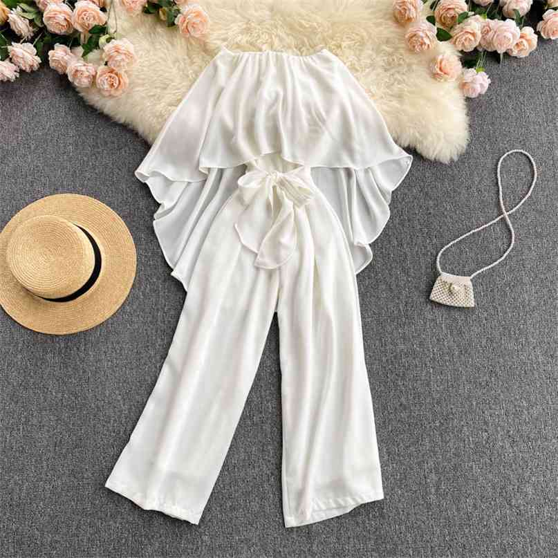 Women White Jumpsuit Fashion Summer Strapless Irregular Ruffles Sash Lace-up Wide Leg Long Pants Casual Beach Overalls 210603