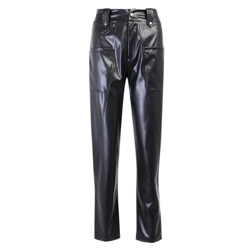 GetSpring Women Pants Capris Fashion PU Leather Trousers Big Pocket Radish Long Black Autumn Winter 210524