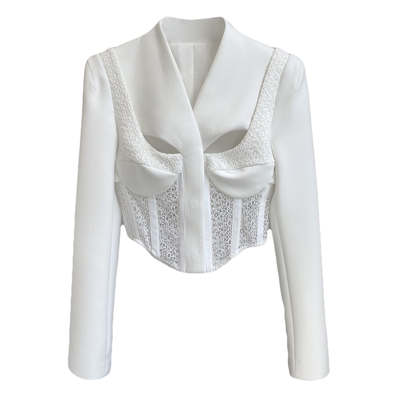 White Korean Short Slim Blazer For Women V Neck Long Sleeve Patchwork Lace Blazers Female Spring Fashion Style 210524