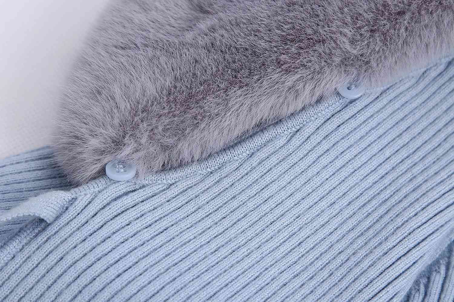 Vantage fur collar cardigan women crop sweater long sleeve thick korean casual bow blue knitted 210521