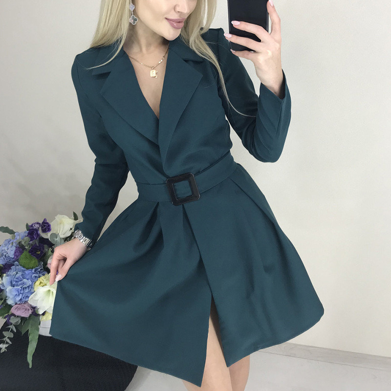 Women Dress Notched Long Sleeve Blazer Temperament Short Ladies es With Belt Girl Fashion es Autumn 210513
