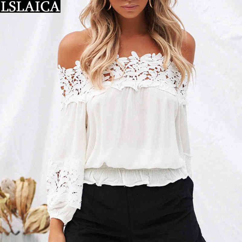 Summer Blouse Long Sleeve Lace Patchwork Off The Shoulde White Blouses for Women Chiffon Casual Elegant Wild Fashion Woman Tops 210520
Summer Blouse Long Sleeve Lace Patchwork Off The Shoulde White Blouses for Women Chiffon Casual Elegant Wild Fashion Woman Tops 210520