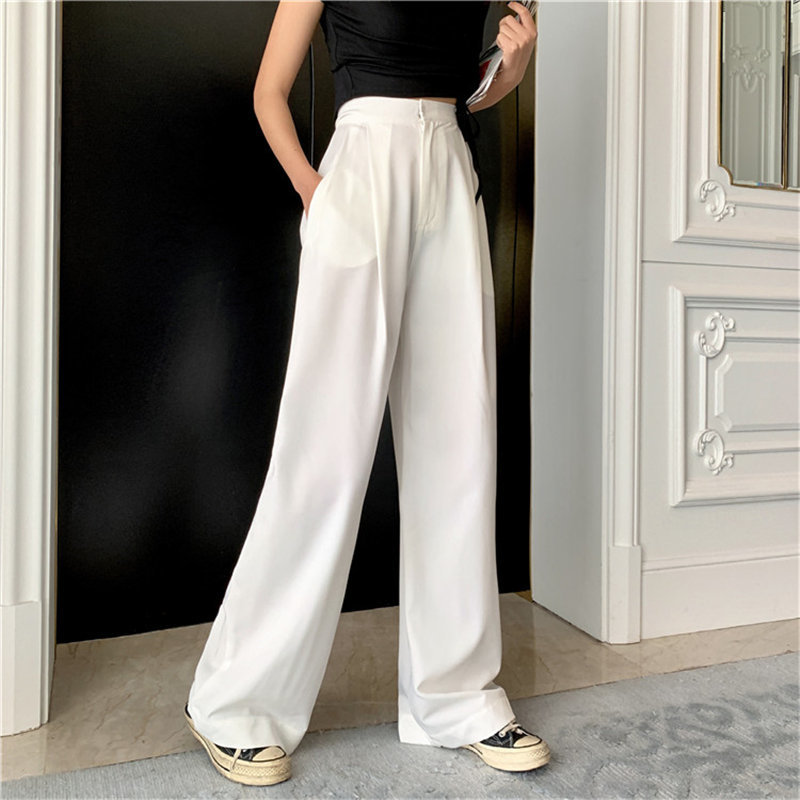 Selling Autumn White High Waist Slender Quality Streetwear Suit Full-Length Large Size Wide Leg Trousers 210421