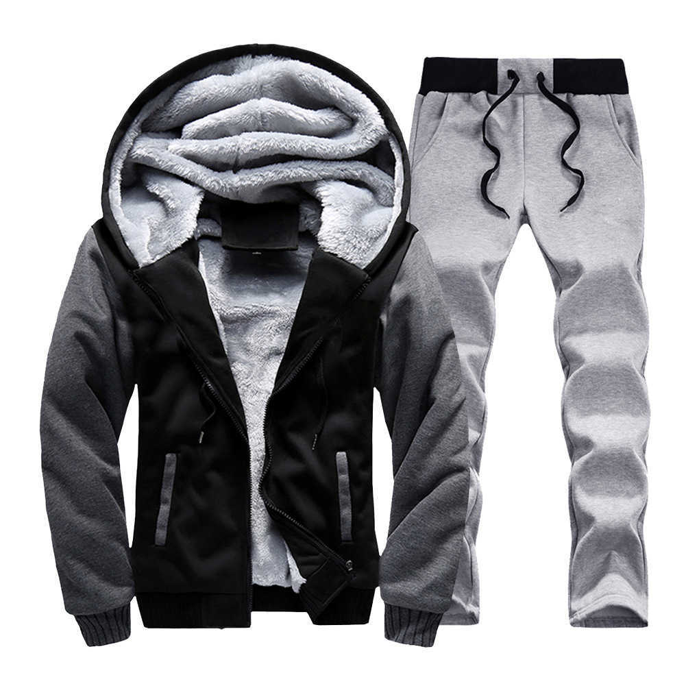 Winter Men Set Thick Warm Mens Jacket Hoodies2PC Pants Suit Man Hooded Sportswear Fleece Patchwork Sweatshirt Zipper SportsSuit 210603