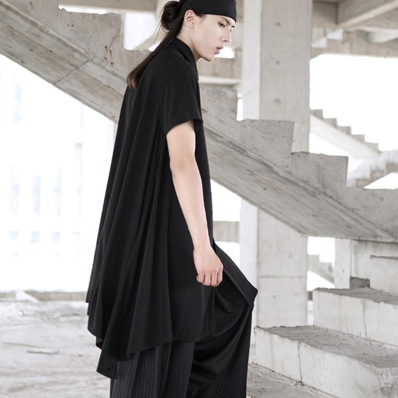 Yamamoto Style Dark Mid-long Irregular Asymmetrical Casual Neutral Short-sleeved Shirt Summer Men's Shirts