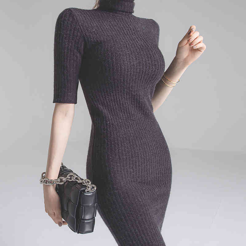 Winter Korean Chic Style Temperament Slim Long Dresses Turtleneck Bag Hip Sexy Split Vestido Da Festa 210520